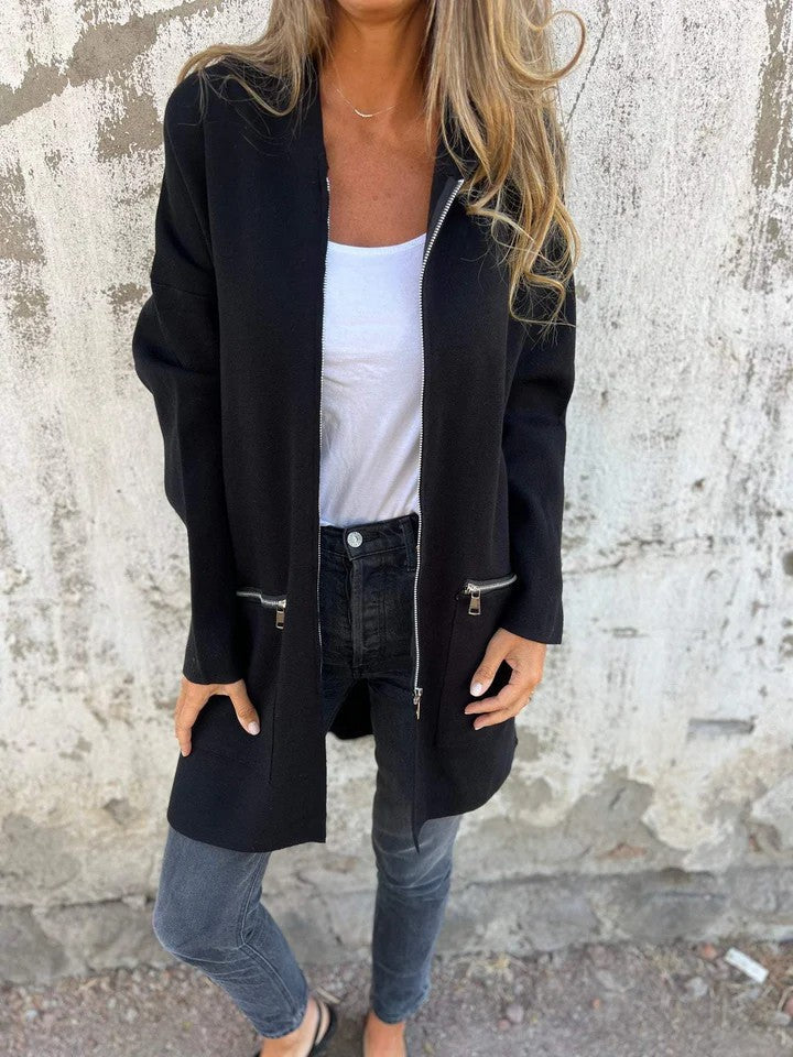 Zip-up Hooded Cardigan Coat Fashion Solid Color Pocket Jacket Fall And Winter Women&