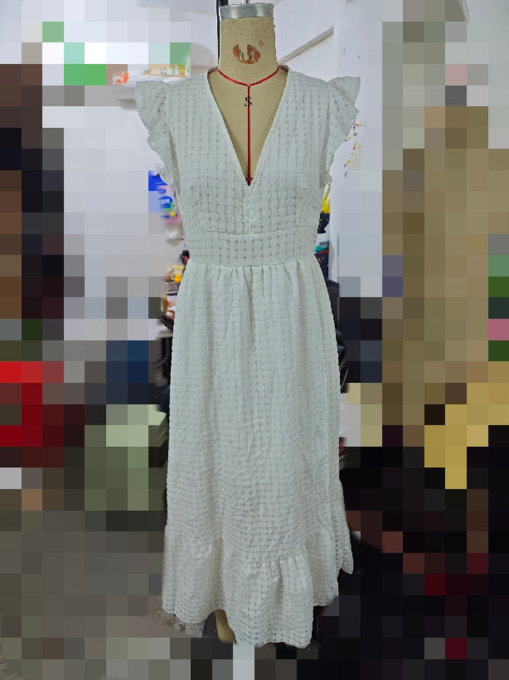 Women Summer Jacquard Hollow Out Cutout V Neck Long Split Dress