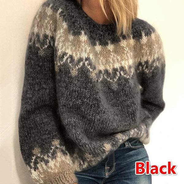 Casual Pullover Jacquard Sweater Autumn And Winter Fashion Ethnic Style Knitted Tops Women&