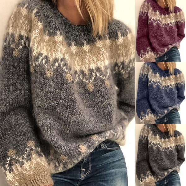 Casual Pullover Jacquard Sweater Autumn And Winter Fashion Ethnic Style Knitted Tops Women&