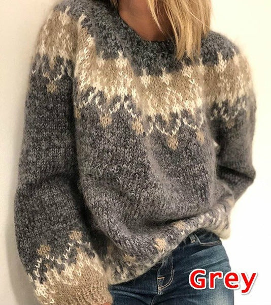 Casual Pullover Jacquard Sweater Autumn And Winter Fashion Ethnic Style Knitted Tops Women&