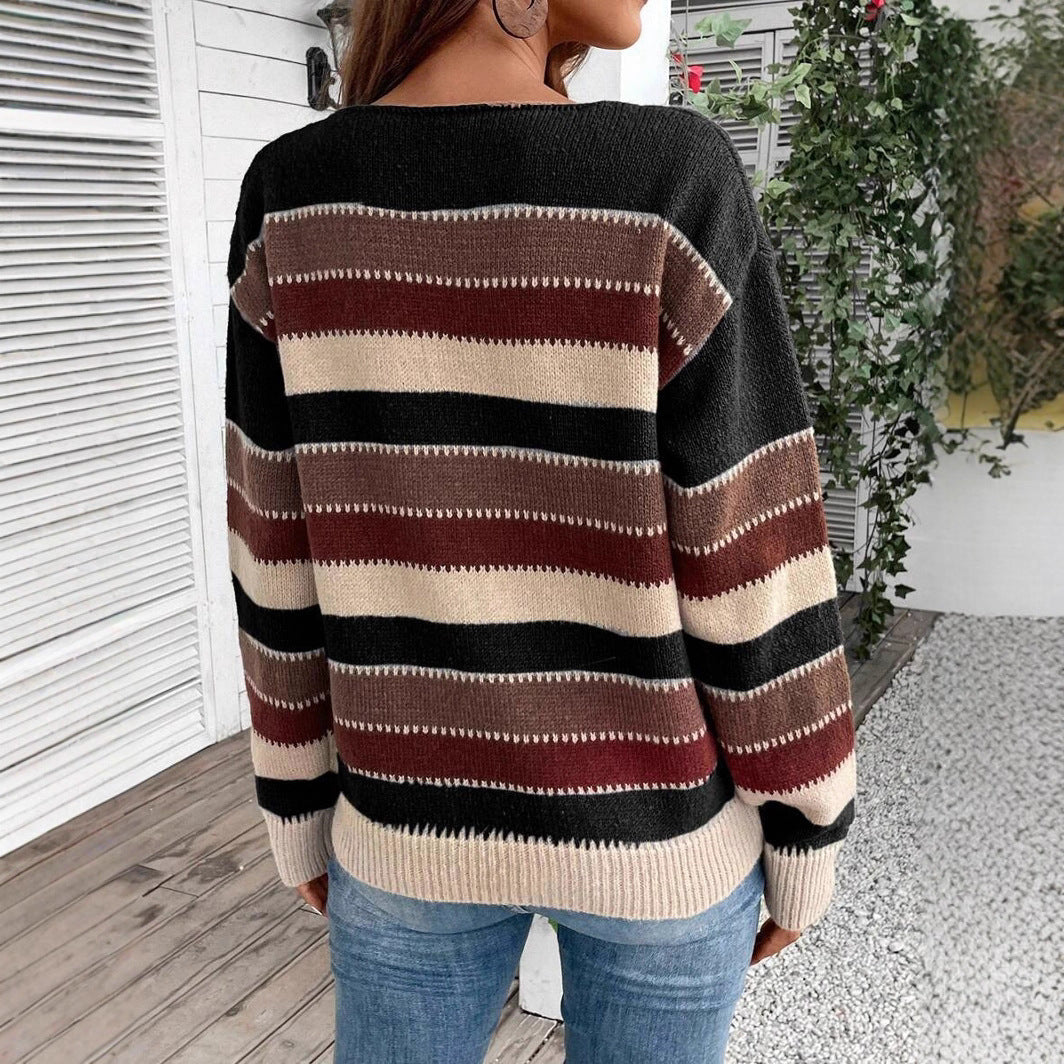 Ins Colorblock Striped Pullover Sweater Fashion Casual Long Sleeve Top Autumn And Winter Women&