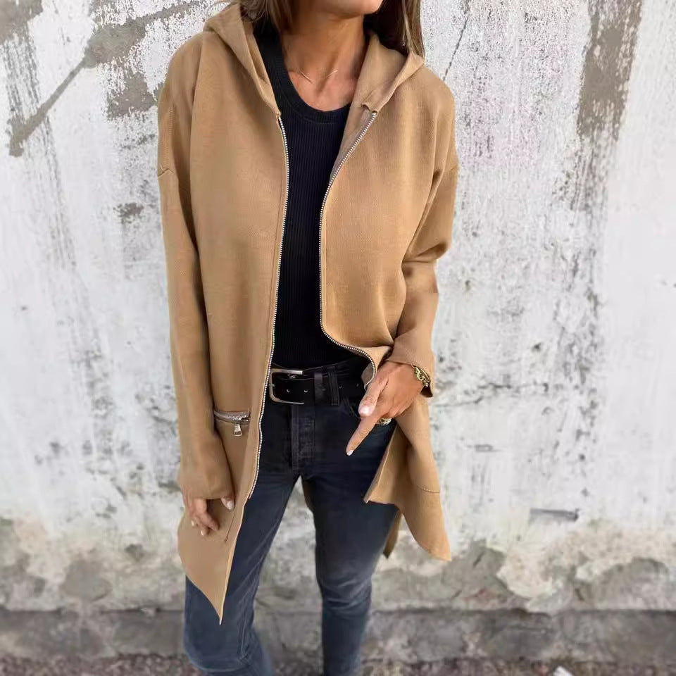 Zip-up Hooded Cardigan Coat Fashion Solid Color Pocket Jacket Fall And Winter Women&