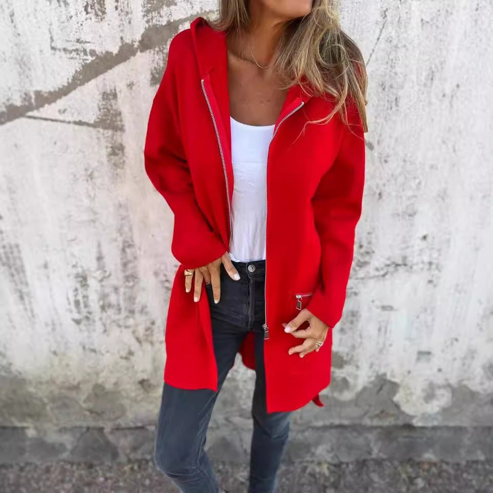 Zip-up Hooded Cardigan Coat Fashion Solid Color Pocket Jacket Fall And Winter Women&