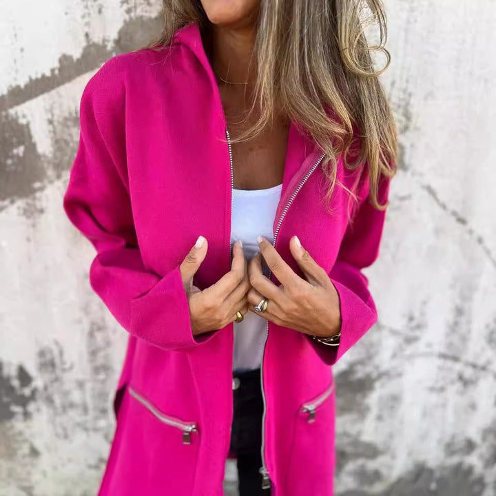 Zip-up Hooded Cardigan Coat Fashion Solid Color Pocket Jacket Fall And Winter Women&