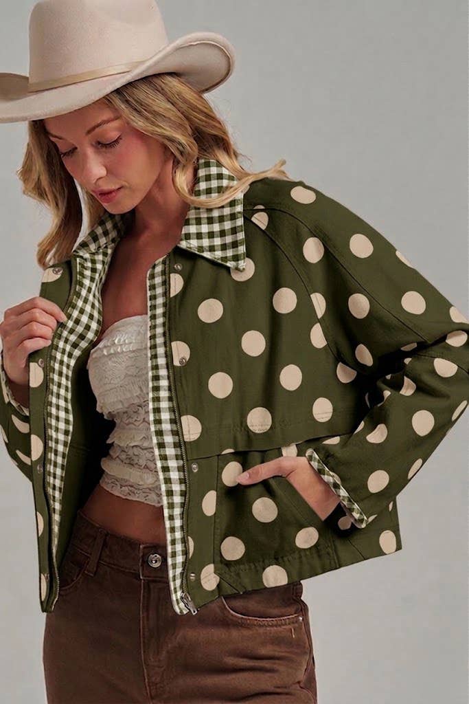 Polka Dot Canvas Fall Jacket with Gingham Collar-Multiple Colors