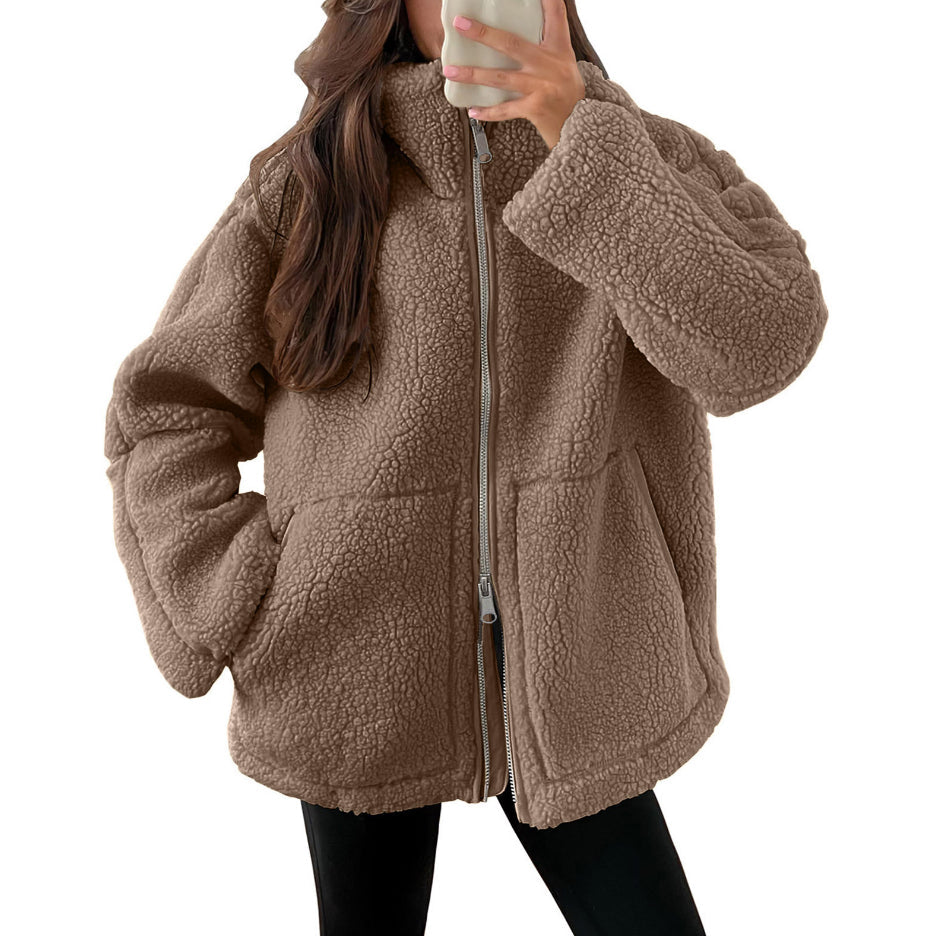 Winter Lapel Zip-up Coat With Pockets Casual Fashion Solid Fleece Jacket Fall Spring Long Sleeve Women&