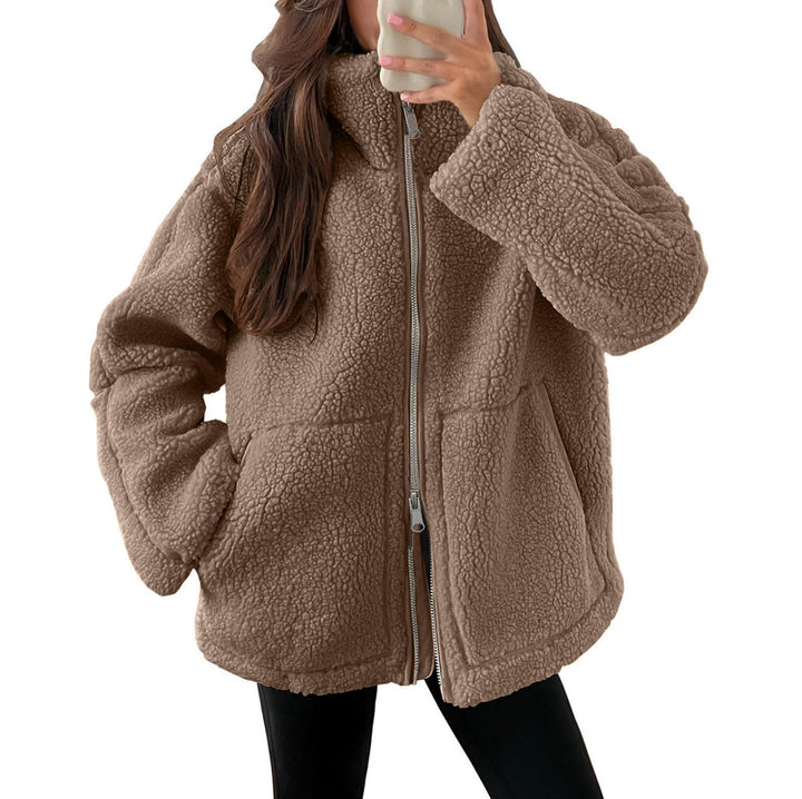Winter Lapel Zip-up Coat With Pockets Casual Fashion Solid Fleece Jacket Fall Spring Long Sleeve Women&
