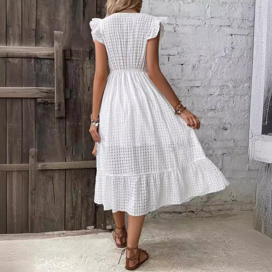 Women Summer Jacquard Hollow Out Cutout V Neck Long Split Dress