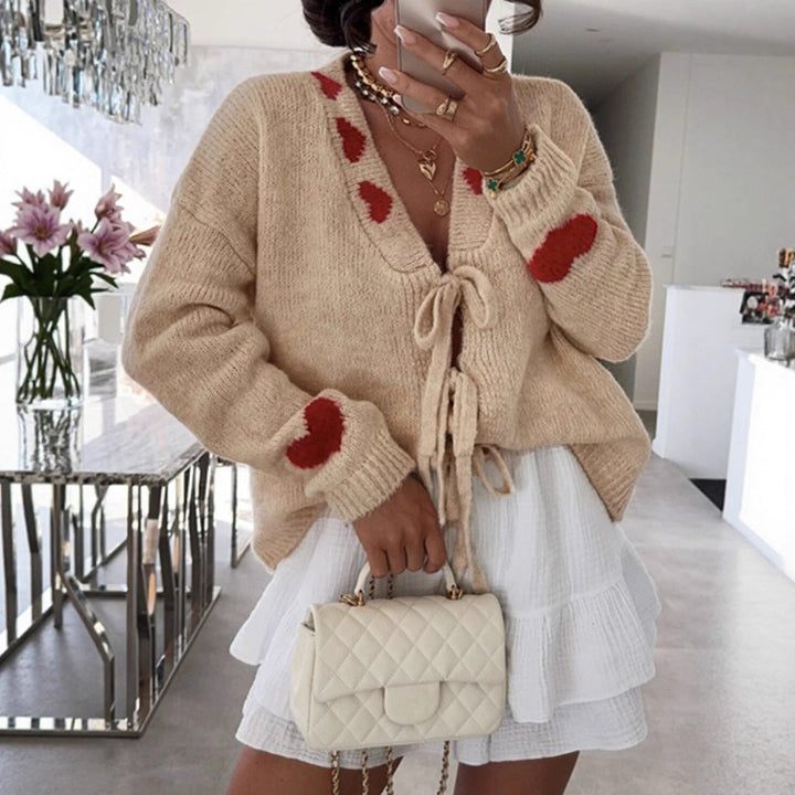 Outer Wear Stitching Sweater Coat Lace up Love Jacquard Knitted Cardigan Women