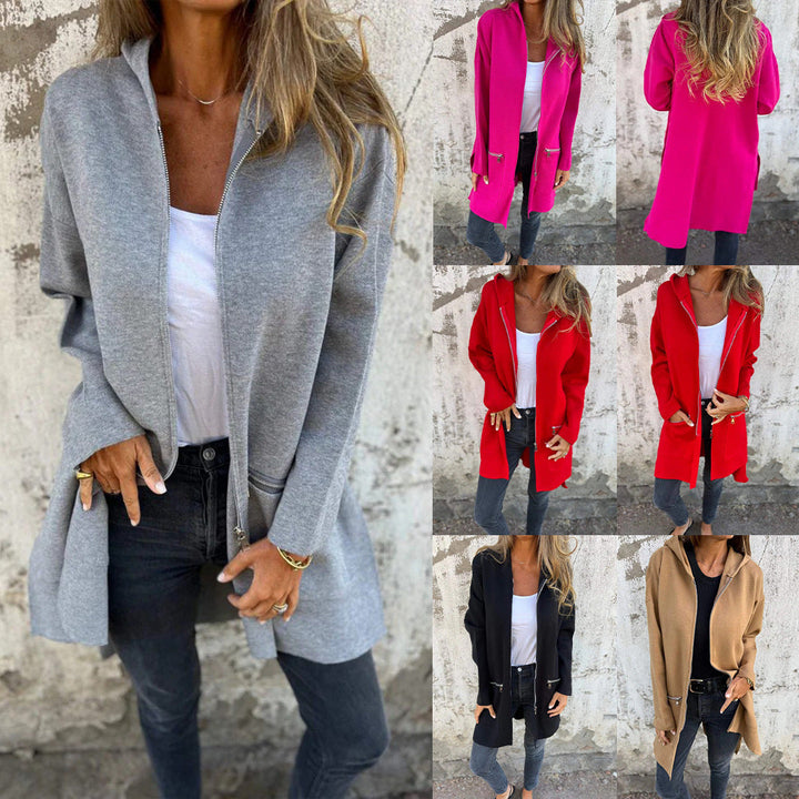 Zip-up Hooded Cardigan Coat Fashion Solid Color Pocket Jacket Fall And Winter Women&