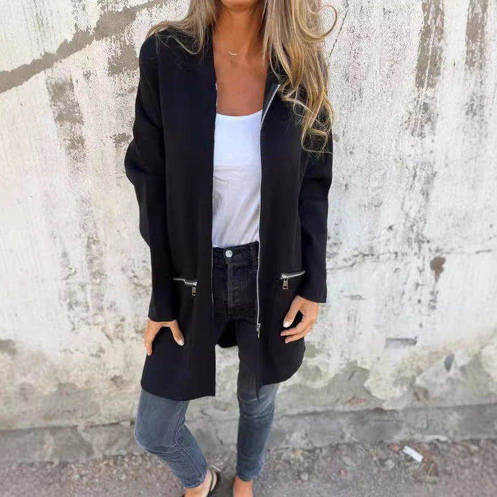 Zip-up Hooded Cardigan Coat Fashion Solid Color Pocket Jacket Fall And Winter Women&