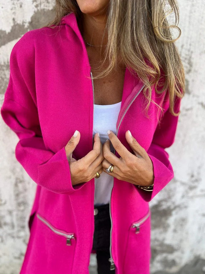 Zip-up Hooded Cardigan Coat Fashion Solid Color Pocket Jacket Fall And Winter Women&