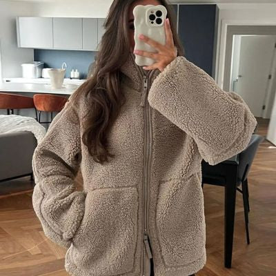 Winter Lapel Zip-up Coat With Pockets Casual Fashion Solid Fleece Jacket Fall Spring Long Sleeve Women&