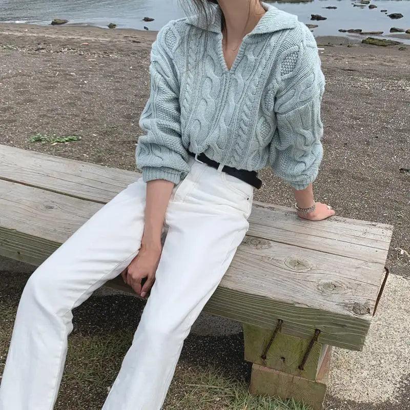 Luxury Kitty Retro Women Sweater Pullovers Knitted Casual Solid Autumn Turn-down Collar Feminine Loose All Match Soft Sweet Tops
